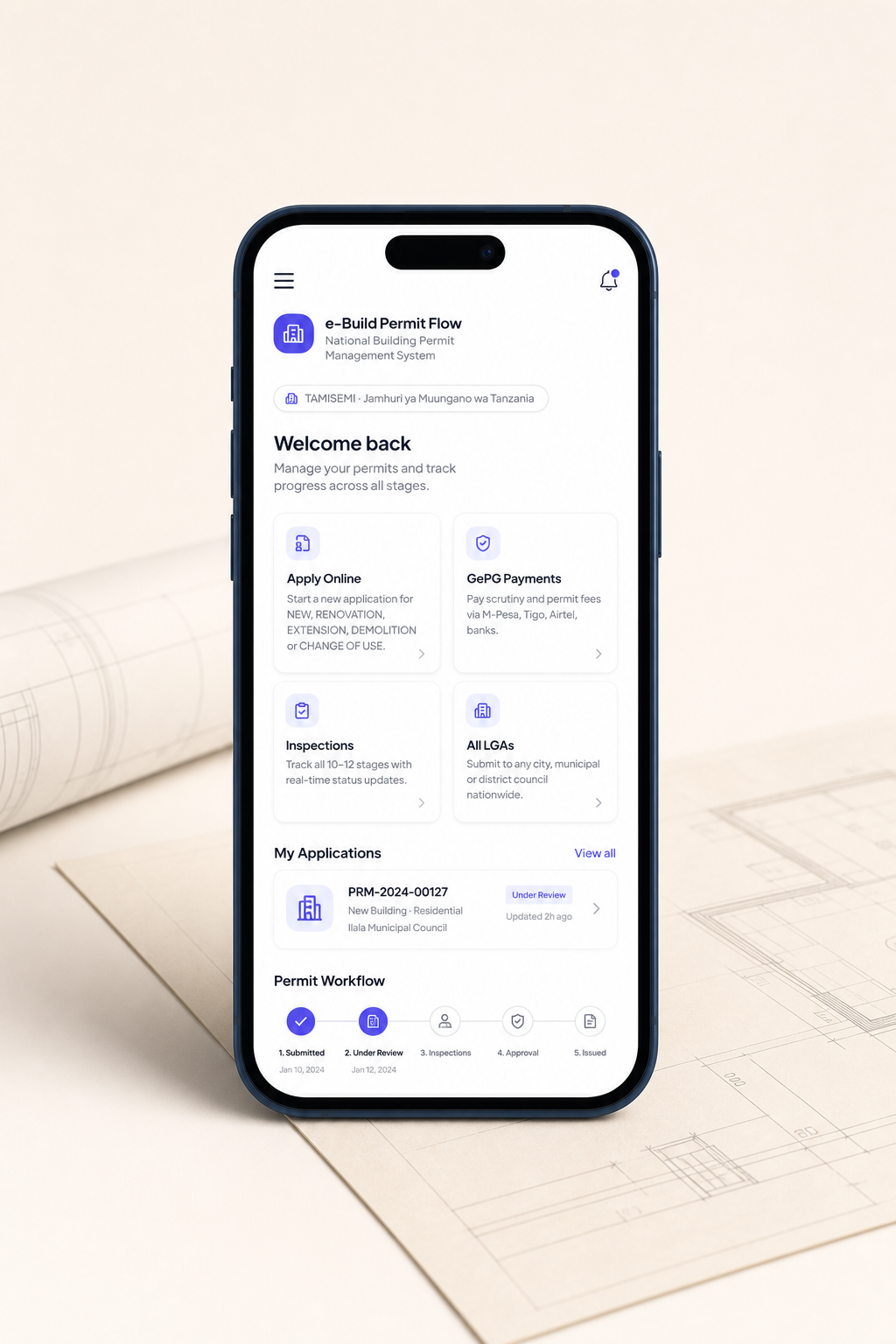 e-Build Permit Flow shown in a phone-style product mockup